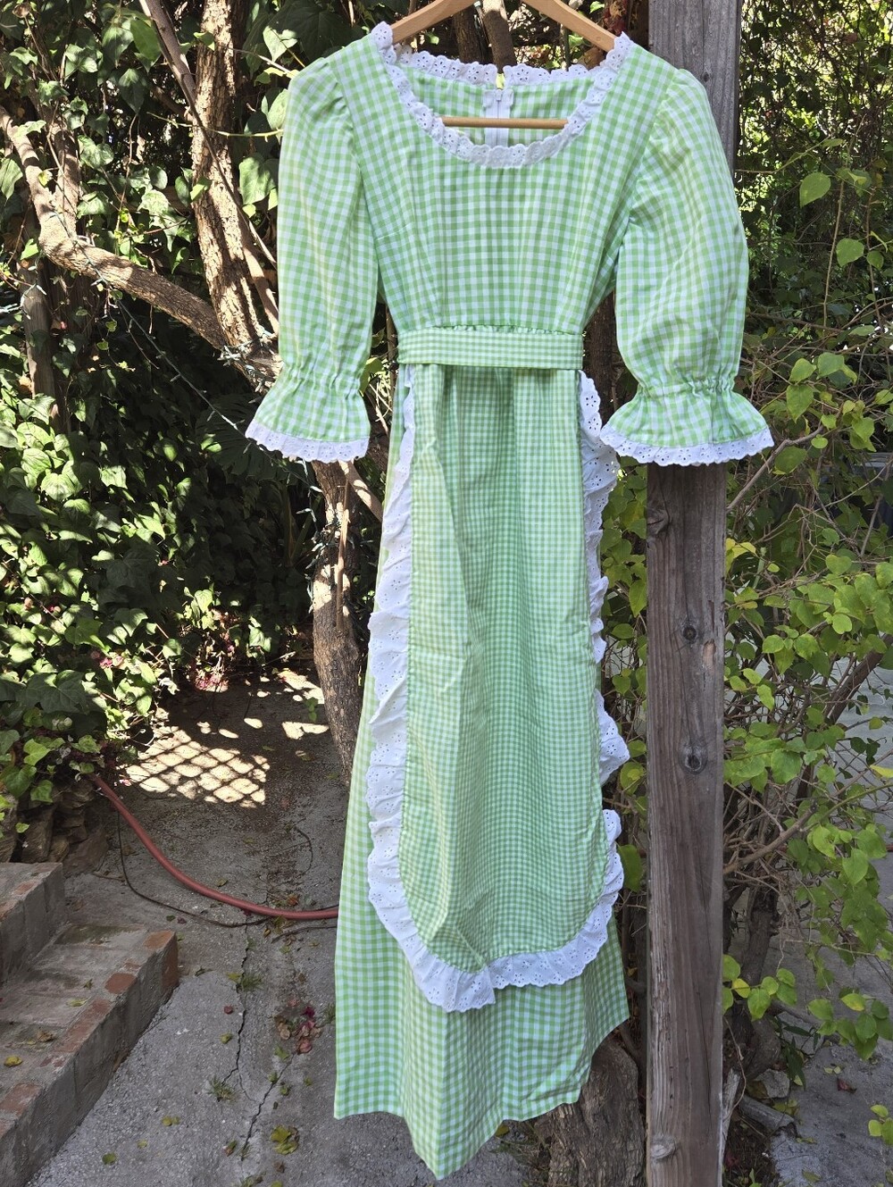 Vintage 70s 80s Spring Green Gingham Handmade Puff Sleeve Dress M